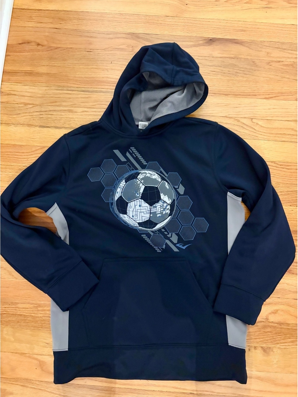 NWOT Everlast Boys L 14/16 Soccer Graphic Performance Hoodie Navy Blue Athletic